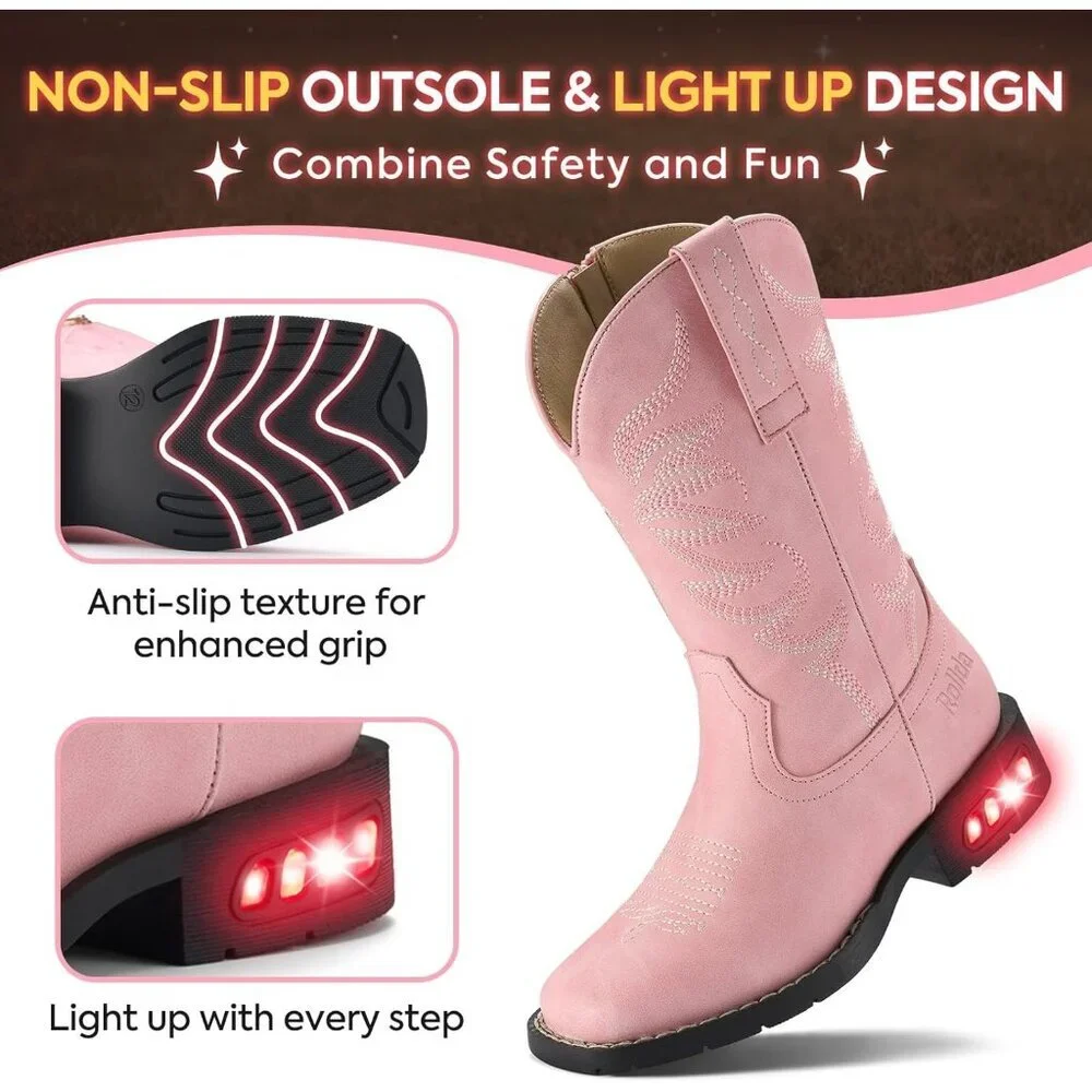 ⚡Girls Pink Cowgirl Boots Light Up Kids Western Boots for Toddler Calf High